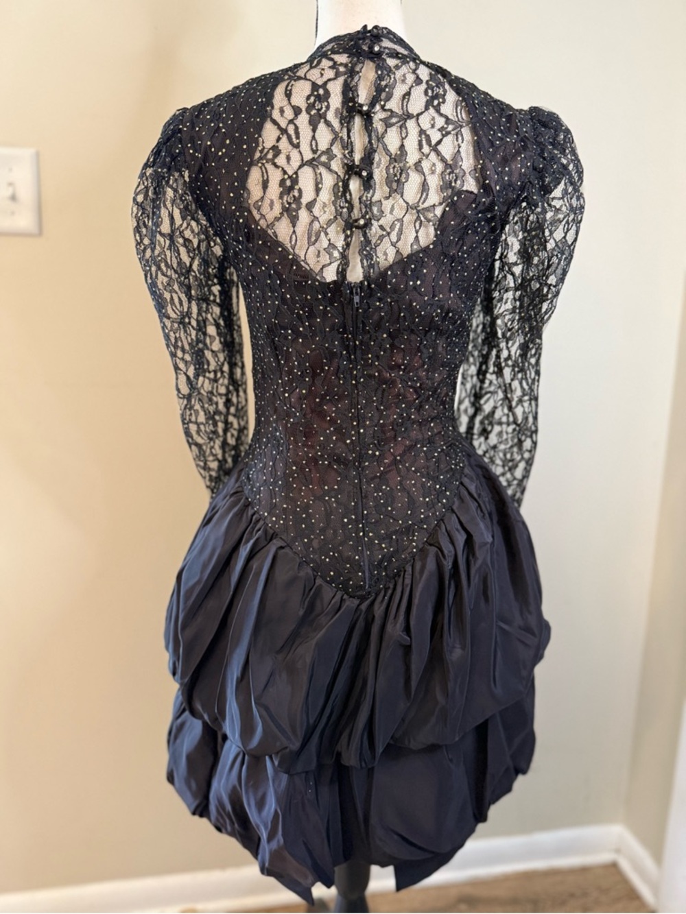 Nuance vintage black lace sequin midi dress tiered balloon hem SZ 5 - Picture 4 of 16